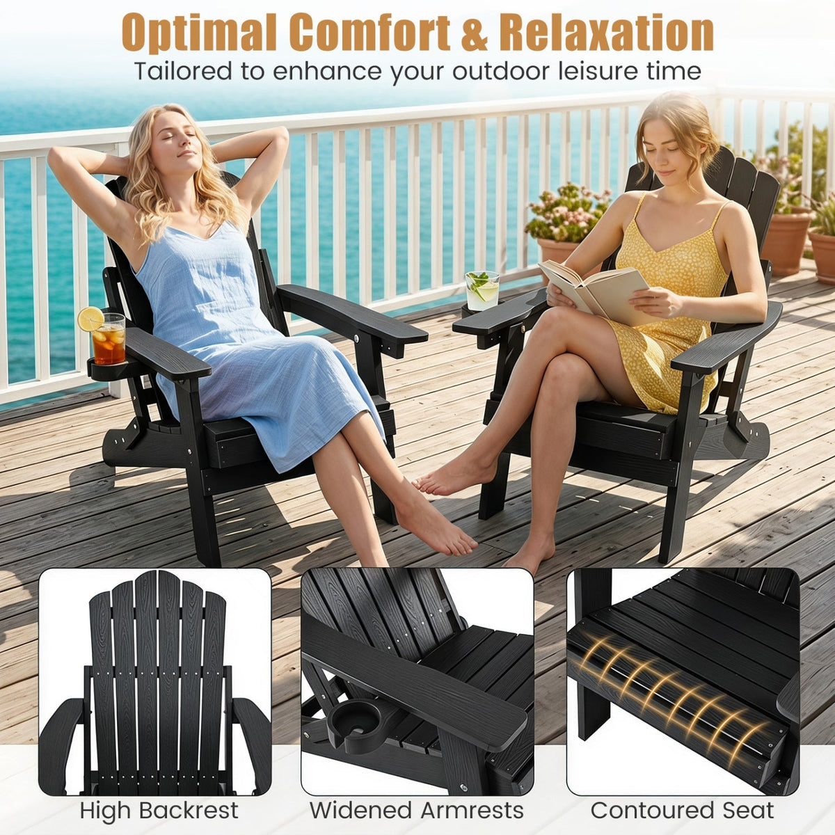 Set of 2 Folding Adirondack Chairs with Adjustable Backrests