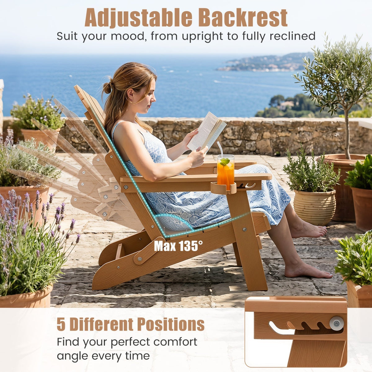 Set of 2 Folding Adirondack Chairs with Adjustable Backrests