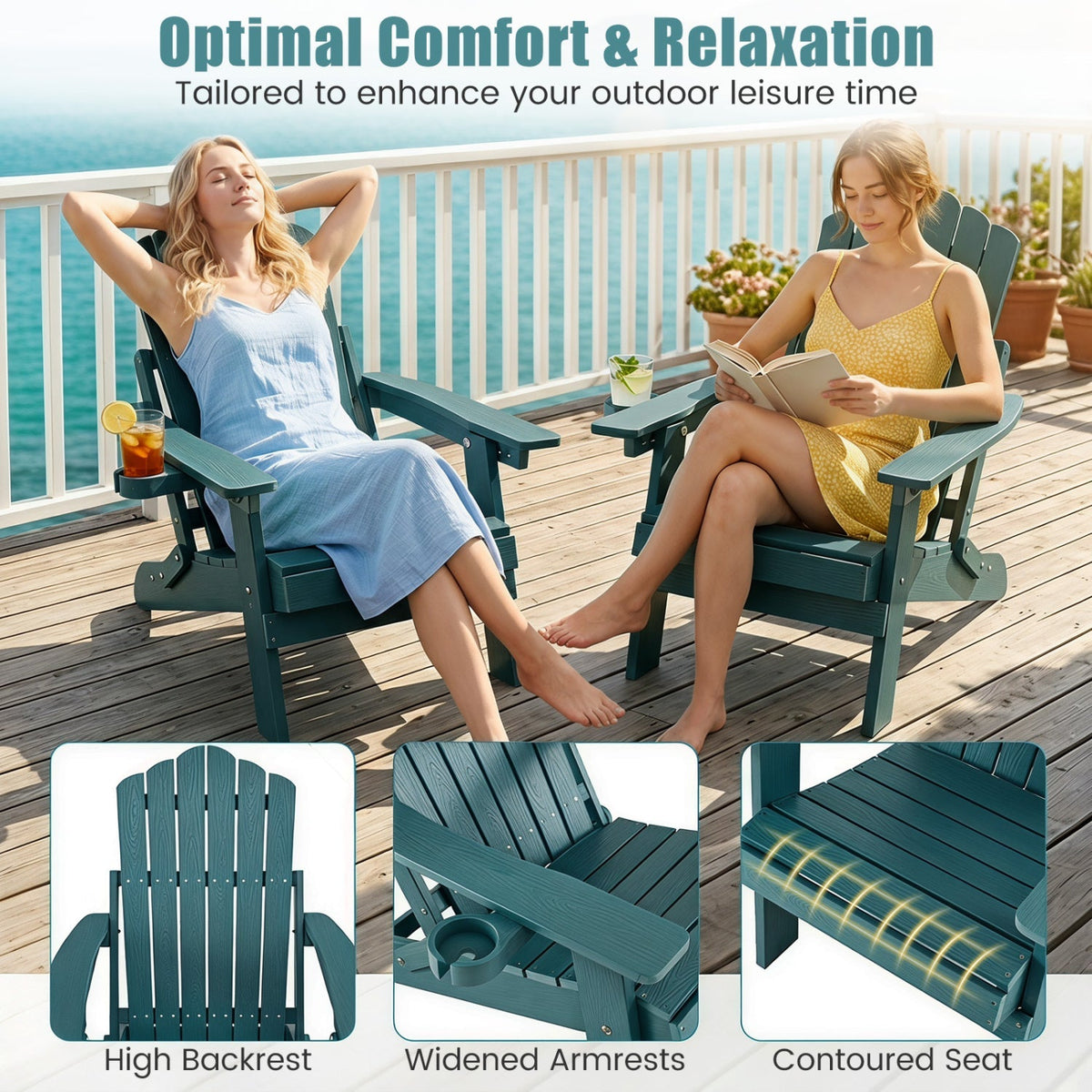 Set of 2 Folding Adirondack Chairs with Adjustable Backrests