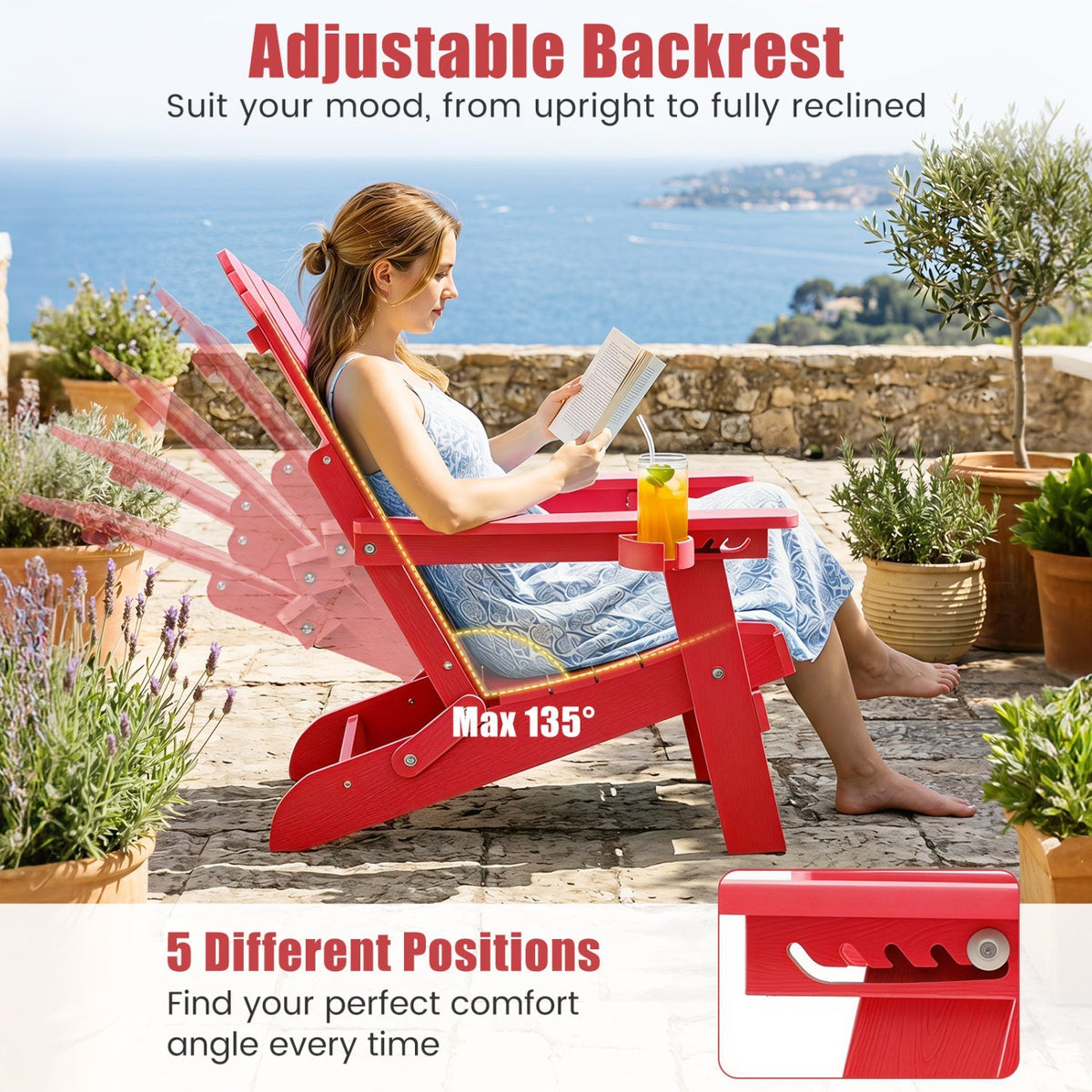 Set of 2 Folding Adirondack Chairs with Adjustable Backrests