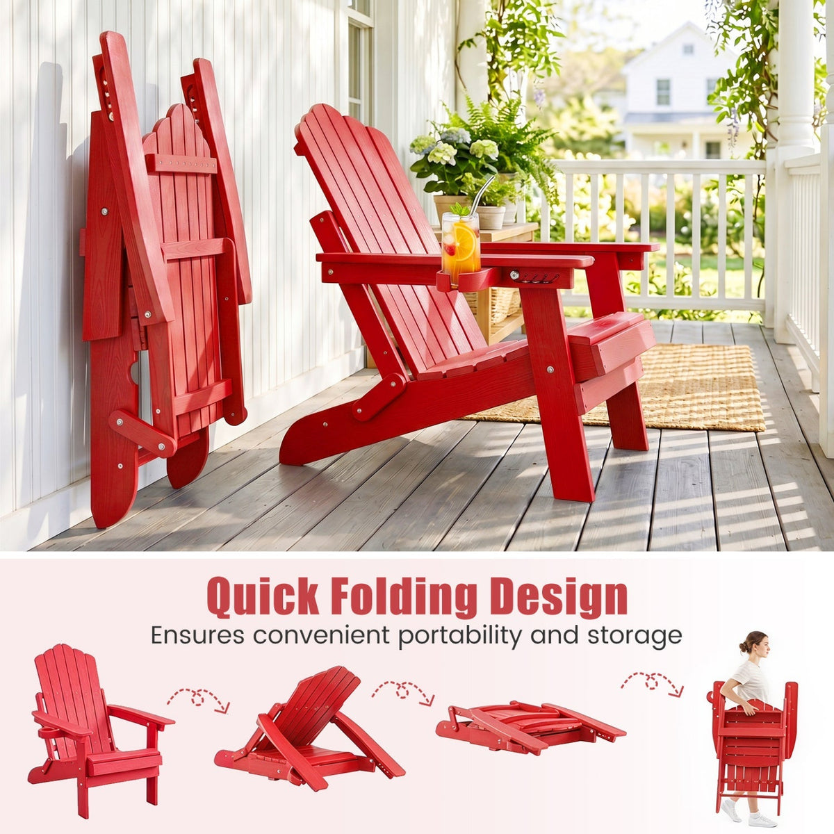 Set of 2 Folding Adirondack Chairs with Adjustable Backrests