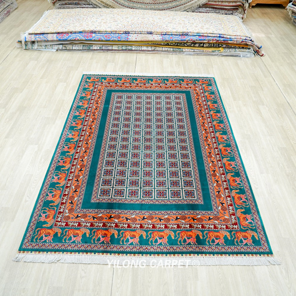 Teal and Orange Geometric Panel Hand Knotted Silk Area Rug 6x9ft
