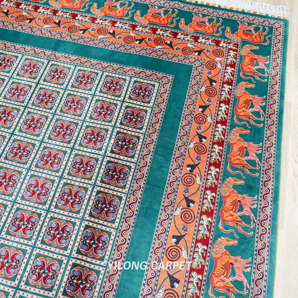 Teal and Orange Geometric Panel Hand Knotted Silk Area Rug 6x9ft