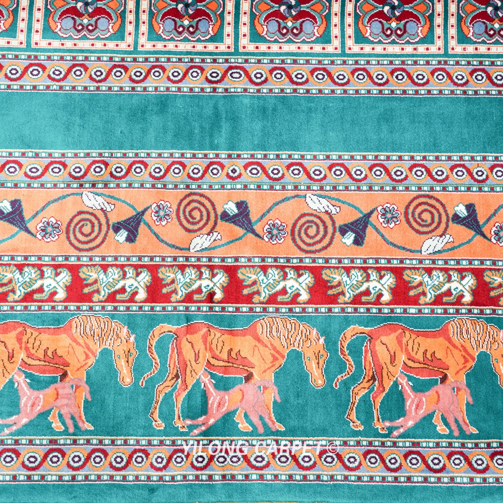 Teal and Orange Geometric Panel Hand Knotted Silk Area Rug 6x9ft