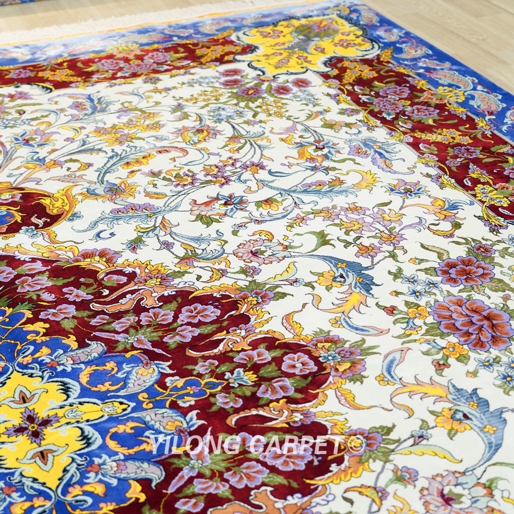 Luxury Hand Knotted Silk Rug Floral Pure Silk Carpet for Living Room 9x12ft