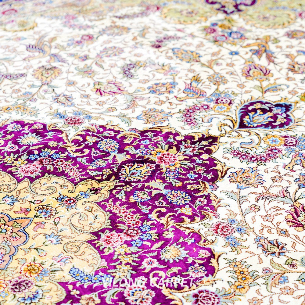 Persian Handmade Rug Silk Oriental Beige Carpet 6x9ft
