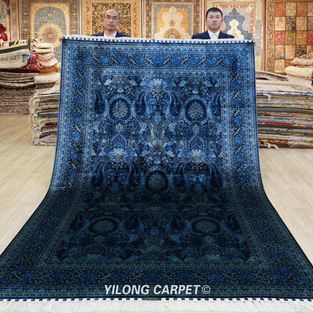 Turkish Silk Rug Blue Handmade Carpet Silk Oriental Rug 6x9ft