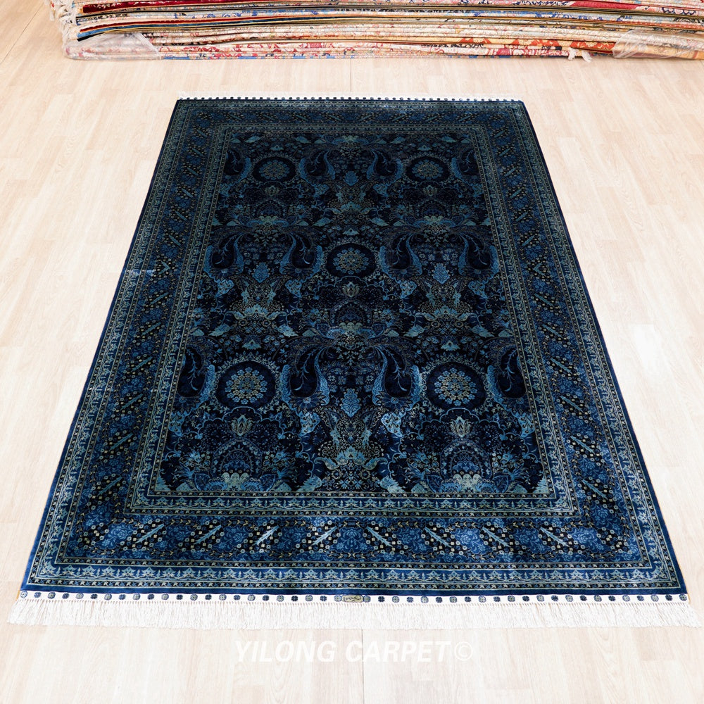 Turkish Silk Rug Blue Handmade Carpet Silk Oriental Rug 6x9ft