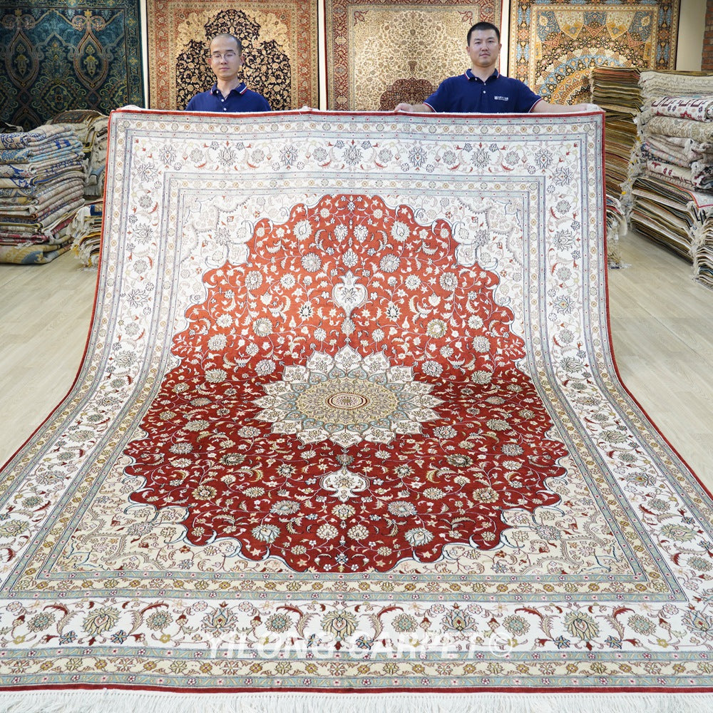 Persian Carpet Red Hand Knotted Oriental Traditional Qum Rug 8x10ft