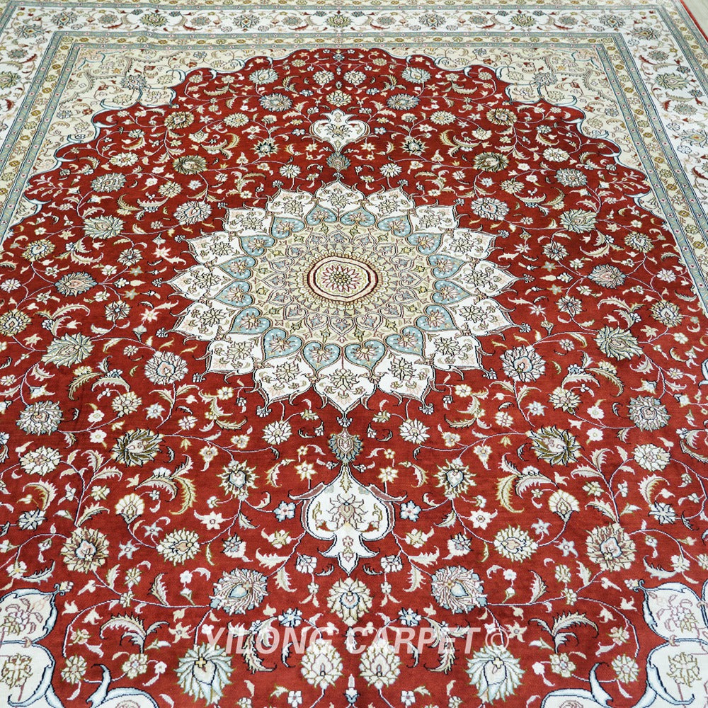 Persian Carpet Red Hand Knotted Oriental Traditional Qum Rug 8x10ft