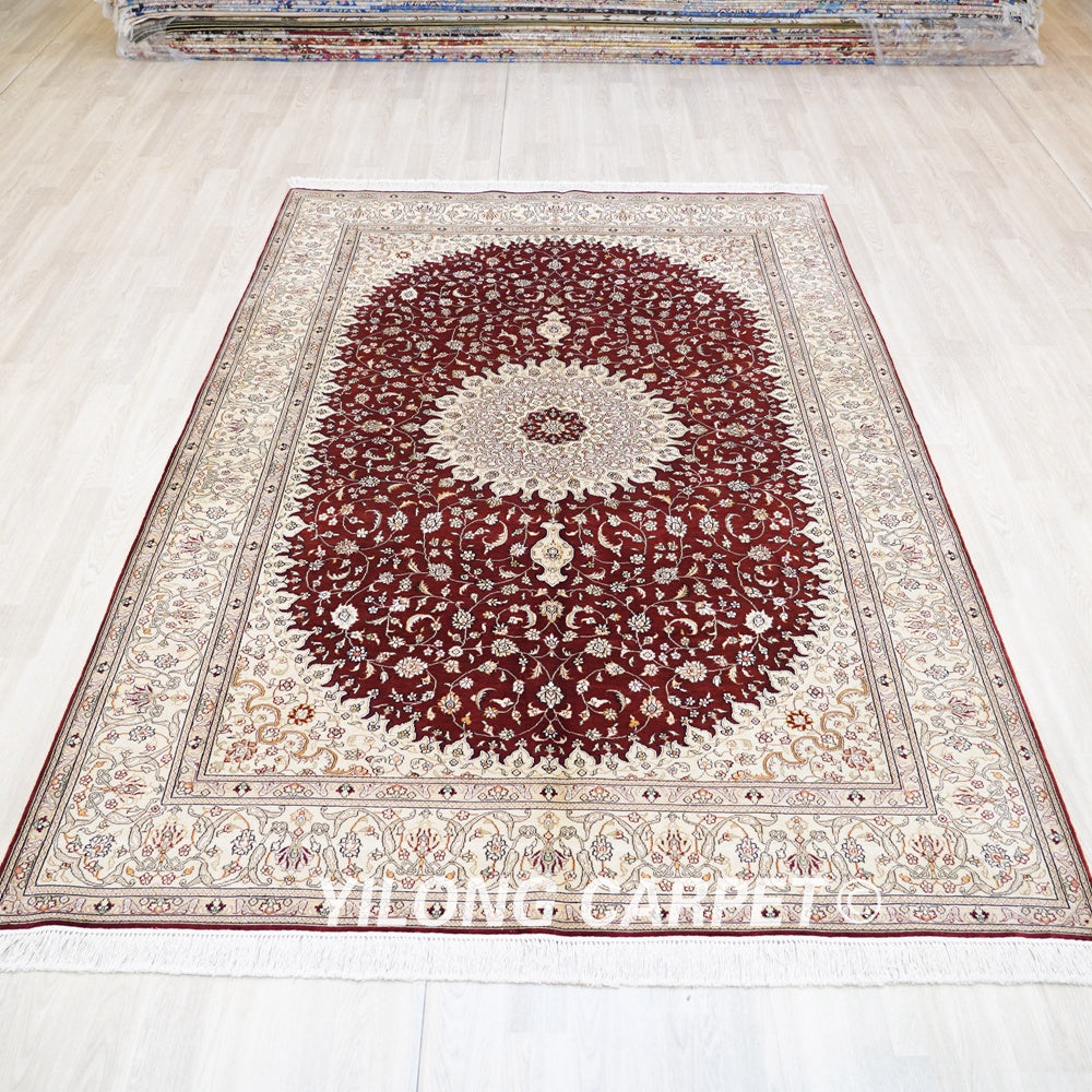 Persian Handmade Rug Red Silk Oriental Carpet 6x9ft