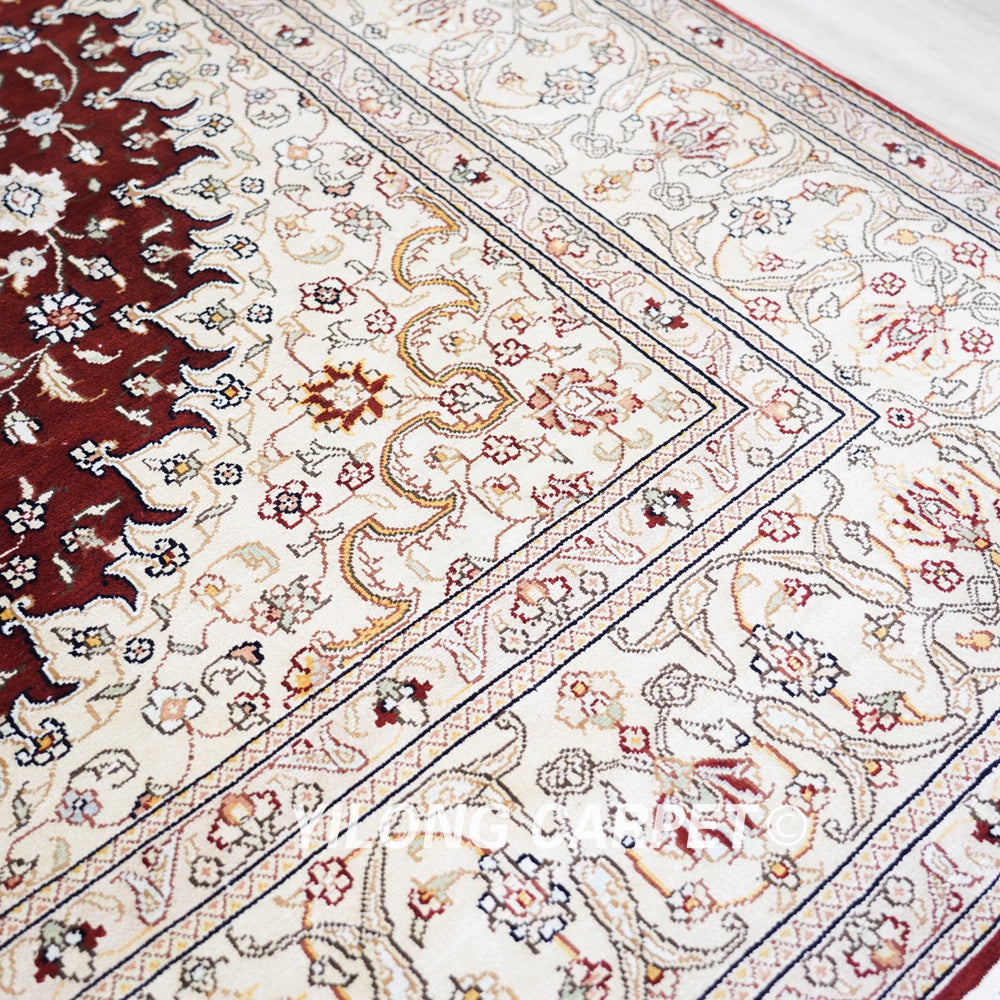 Persian Handmade Rug Red Silk Oriental Carpet 6x9ft