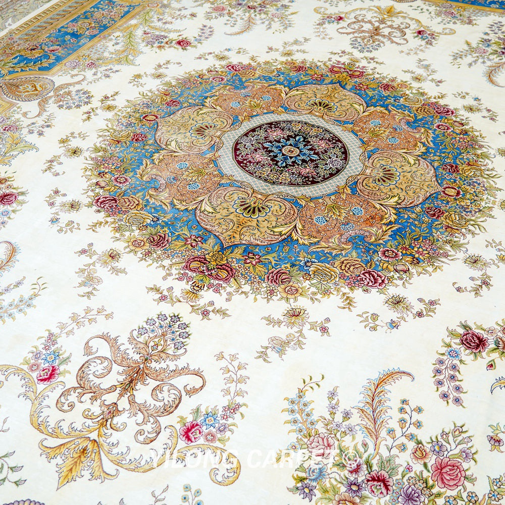 Oriental Persian Carpet Beige Handmade Silk Villa Carpet 9x12ft