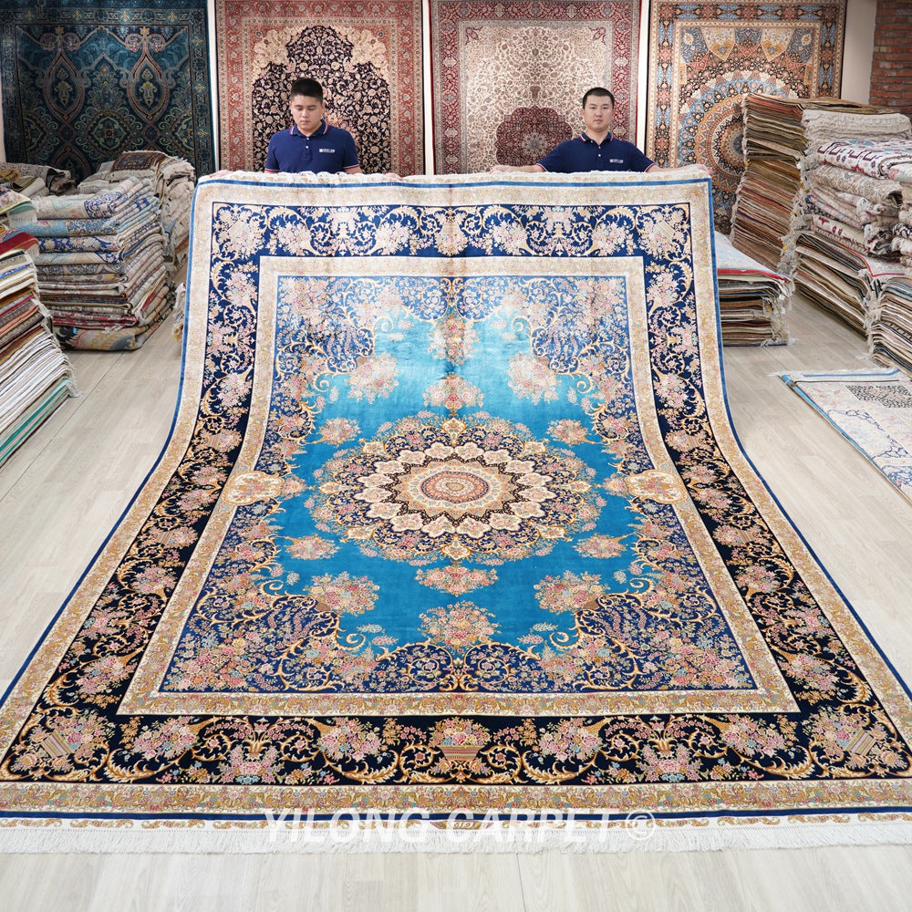 Persian Oriental Carpet Blue Handmade Villa Silk Carpet 9x12ft