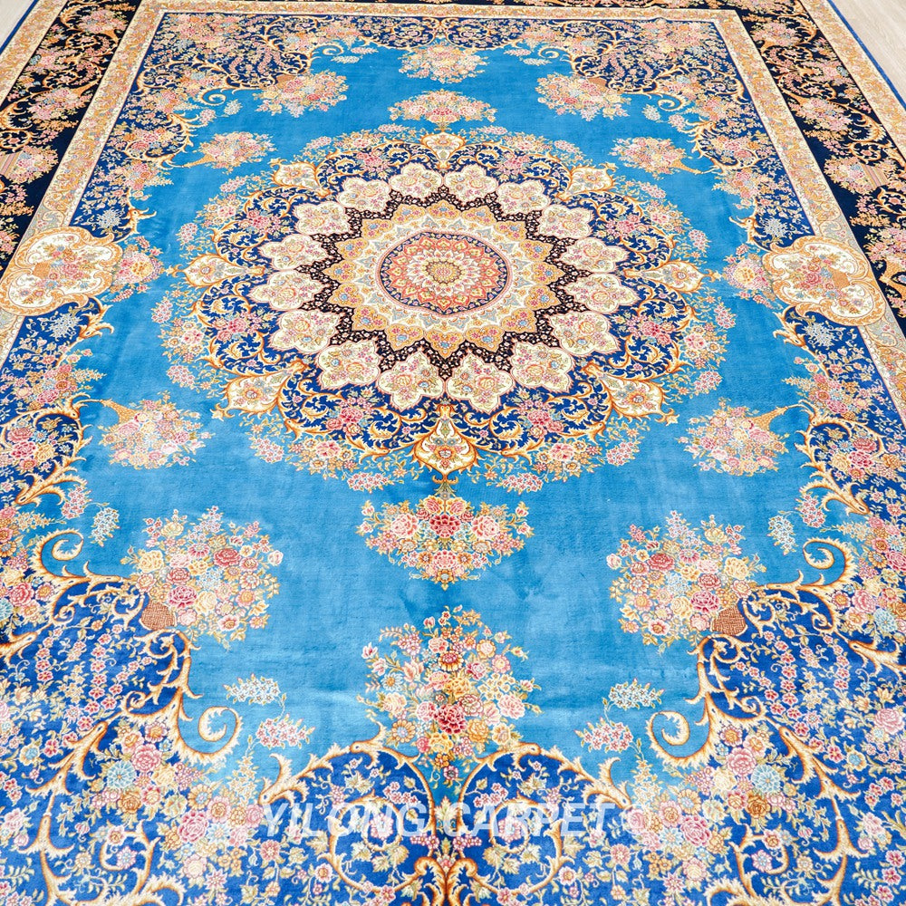 Persian Oriental Carpet Blue Handmade Villa Silk Carpet 9x12ft