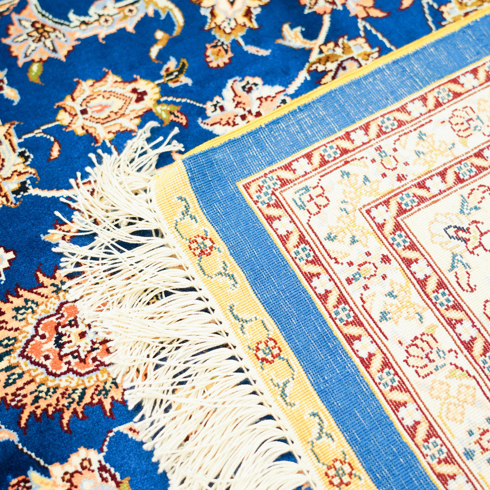 Royal Blue and Gold Floral Medallion Hand Knotted Silk Rug 6x9ft