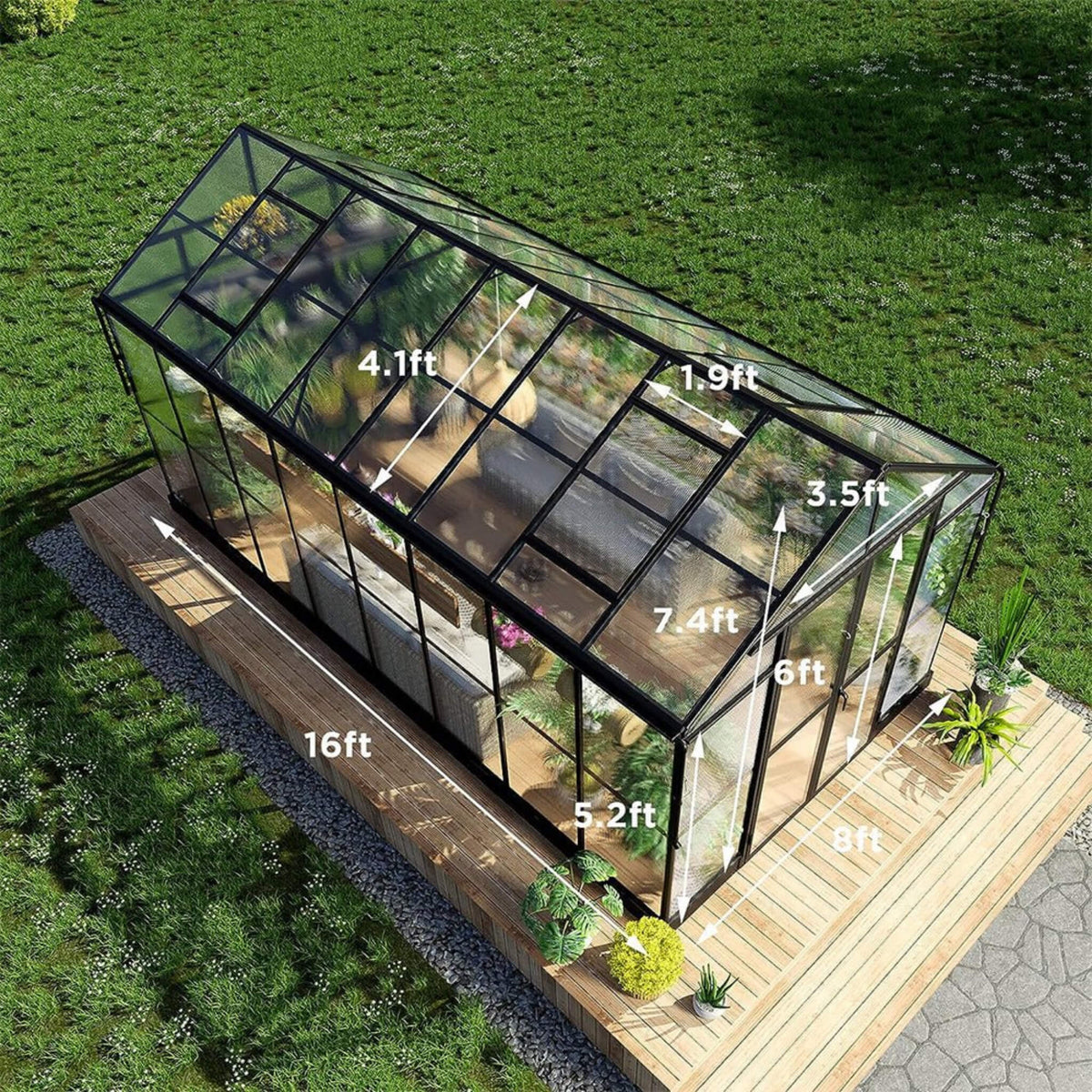 8x16FT Heavy-Duty Polycarbonate Walk-In Greenhouse with Double Swing Doors