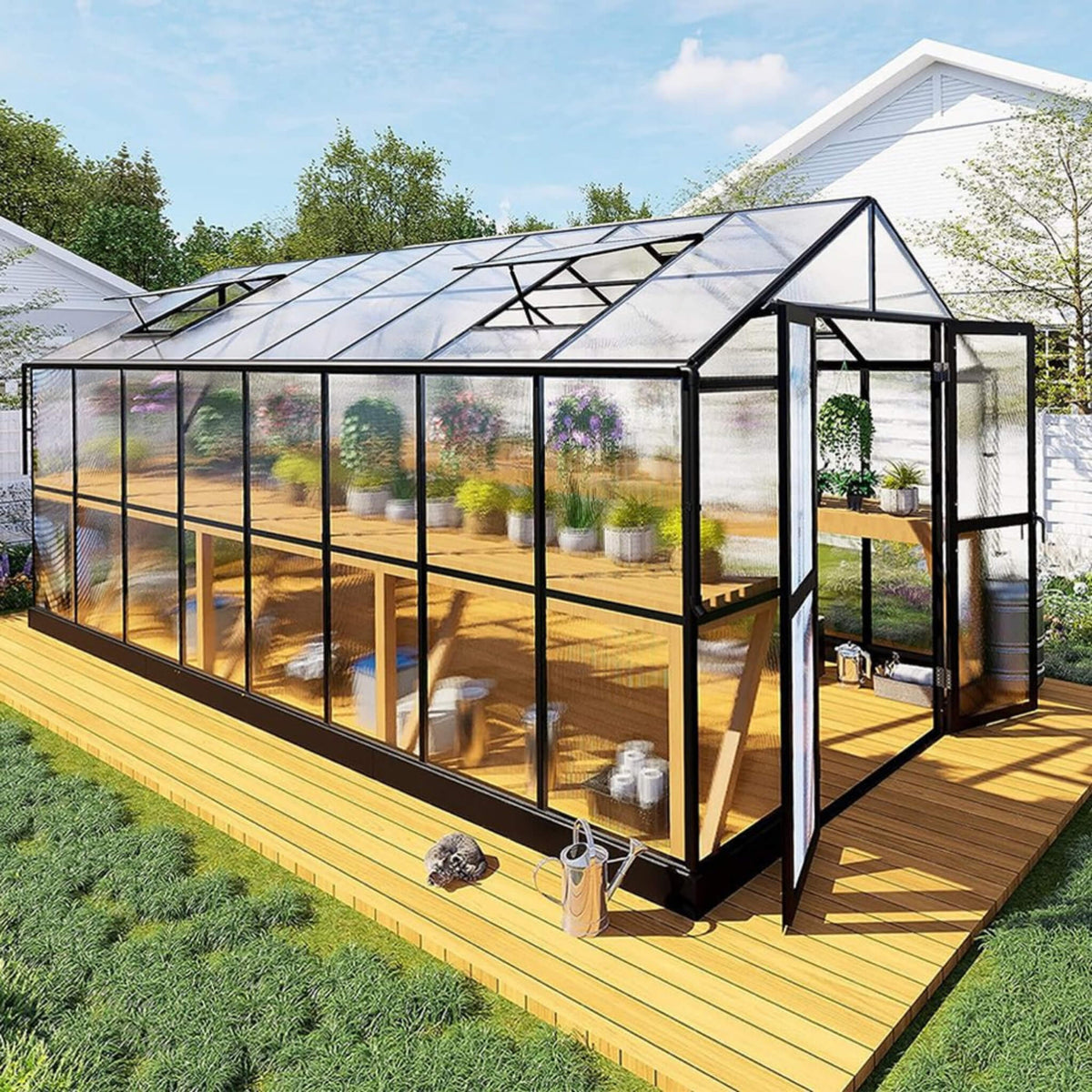 8x16FT Heavy-Duty Polycarbonate Walk-In Greenhouse with Double Swing Doors