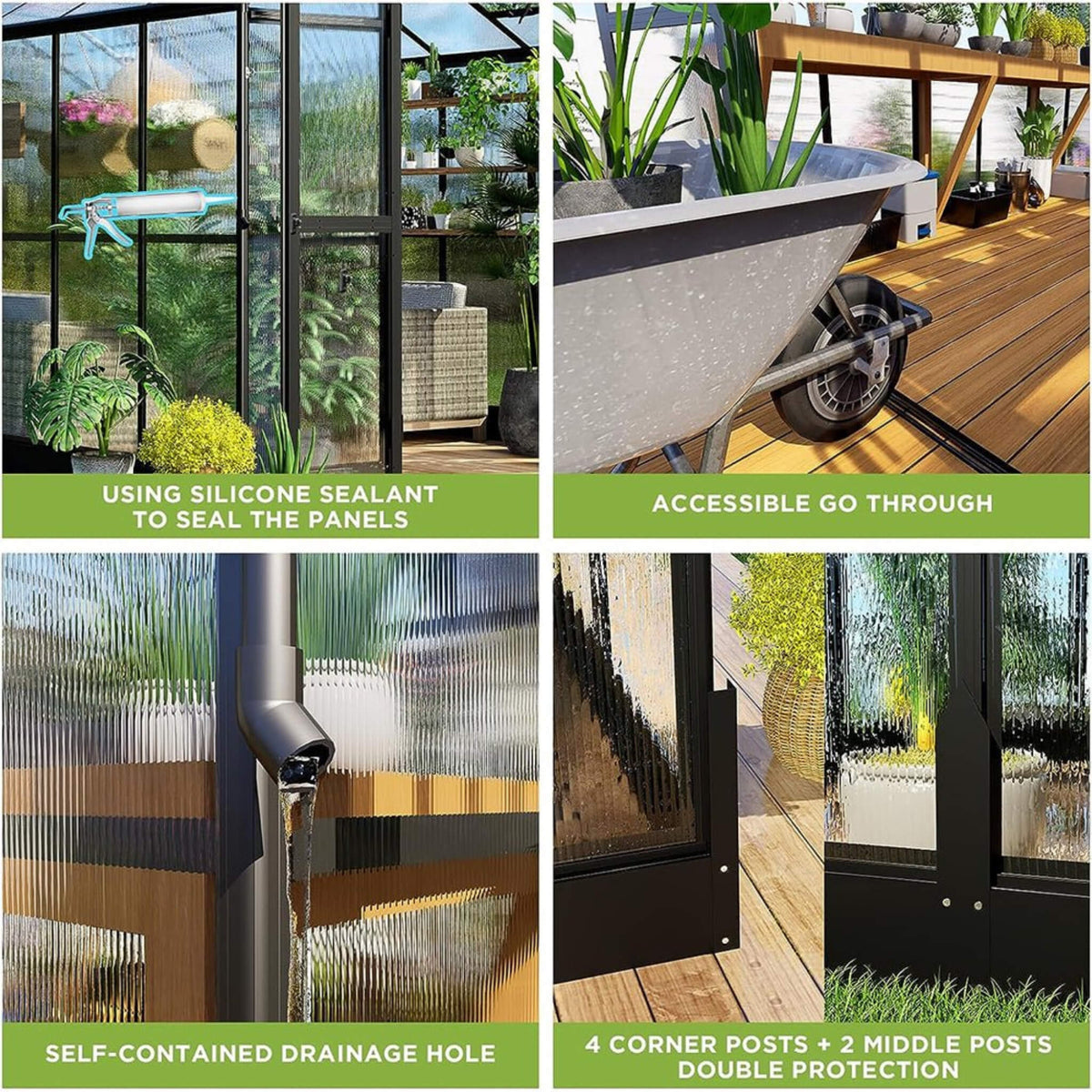 8x16FT Heavy-Duty Polycarbonate Walk-In Greenhouse with Double Swing Doors