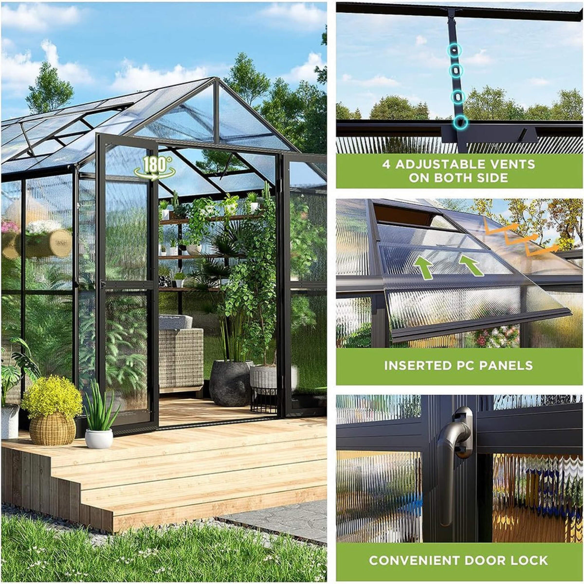 8x16FT Heavy-Duty Polycarbonate Walk-In Greenhouse with Double Swing Doors