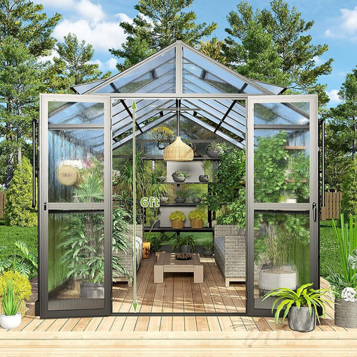 8x16FT Heavy-Duty Polycarbonate Walk-In Greenhouse with Double Swing Doors