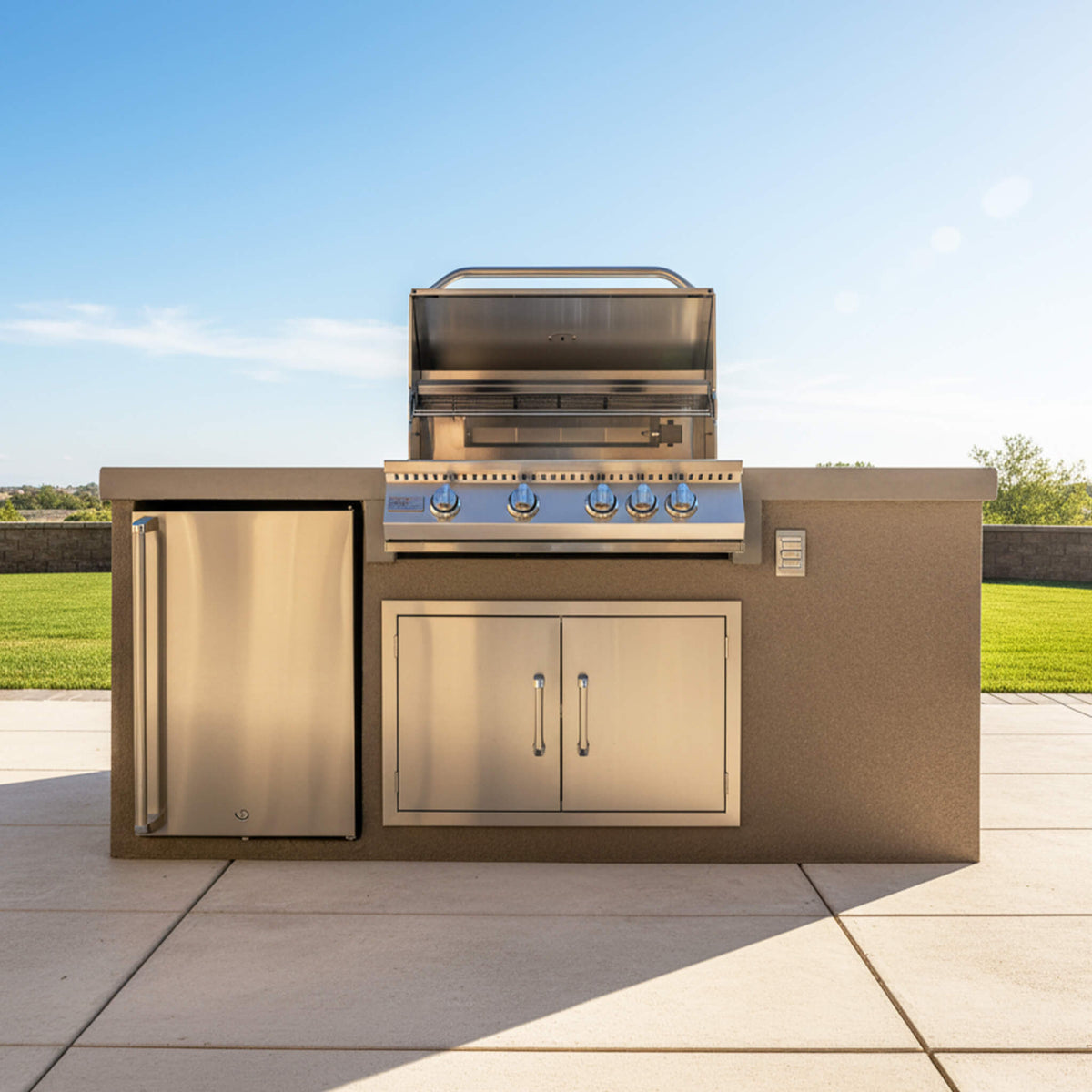 7FT Straight BBQ Island with Built-In BBQ and Refrigerator