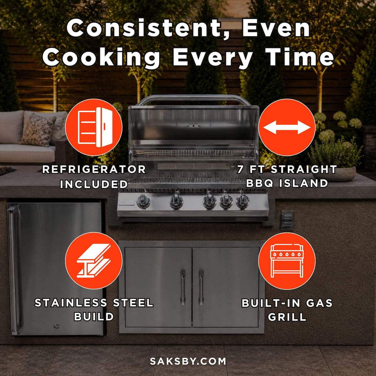 7FT Straight BBQ Island with Built-In BBQ and Refrigerator
