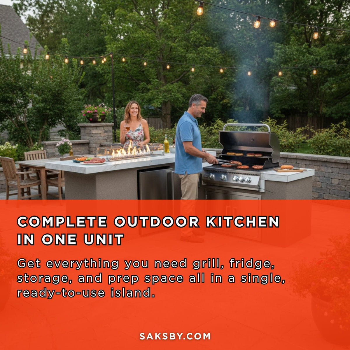 Baja 9FT BBQ Island with LEDs, Built-In BBQ and Refrigerator