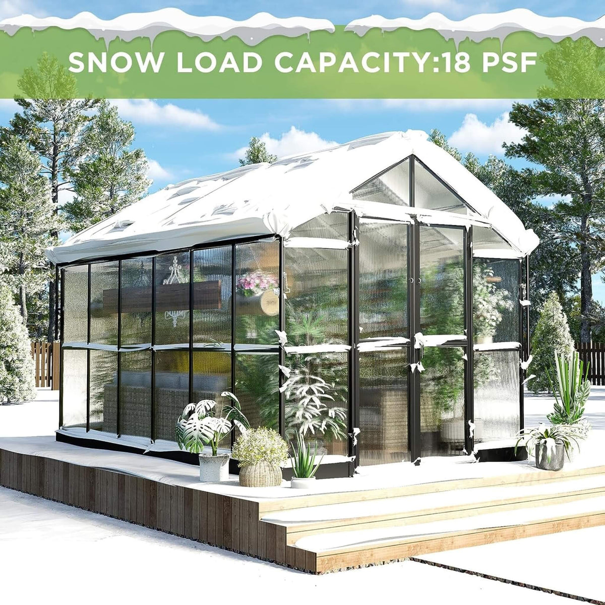 8x12FT Premium Aluminum Polycarbonate Walk-In Greenhouse with Double Swing Doors