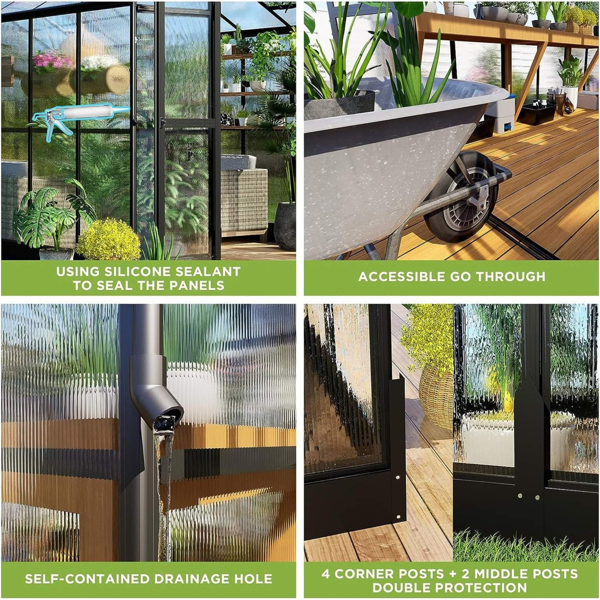 8x12FT Premium Aluminum Polycarbonate Walk-In Greenhouse with Double Swing Doors