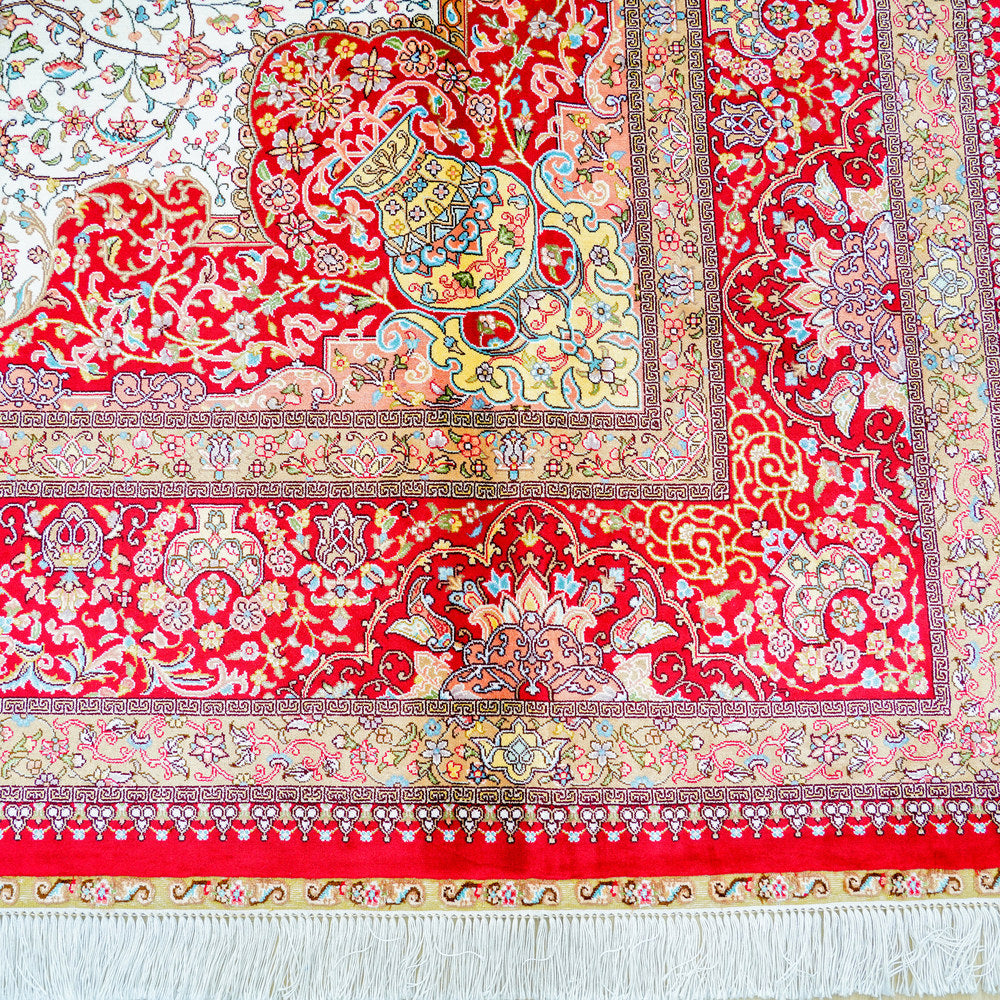 Red and Ivory Geometric Medallion Hand Knotted Silk Rug 6x9ft