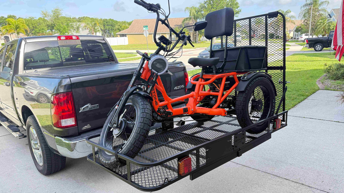 PRO HD 34-75 eTrike hitch rack with full-width folding ramp.