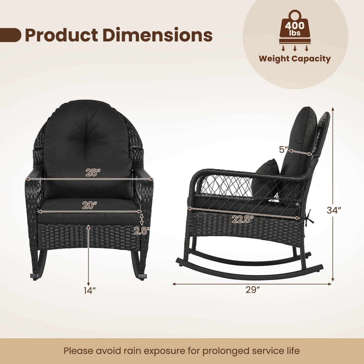 Outdoor Wicker Rocking Chair with Cushions & Anti-Tip Stoppers