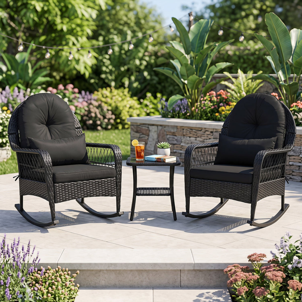 Outdoor Wicker Rocking Chair with Cushions & Anti-Tip Stoppers