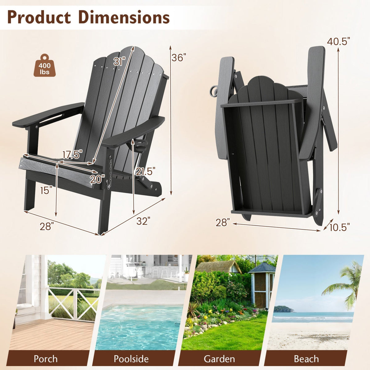 Folding Adirondack Chair with High Backrest – HDPE Weather-Resistant Outdoor Chair