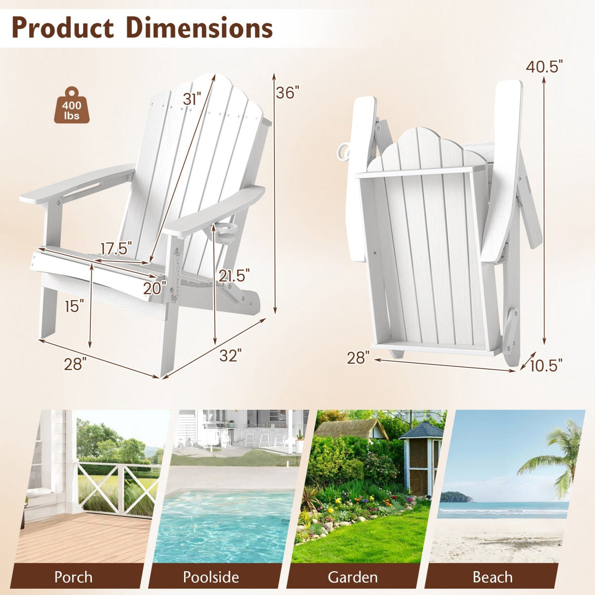 Folding Adirondack Chair with High Backrest – HDPE Weather-Resistant Outdoor Chair