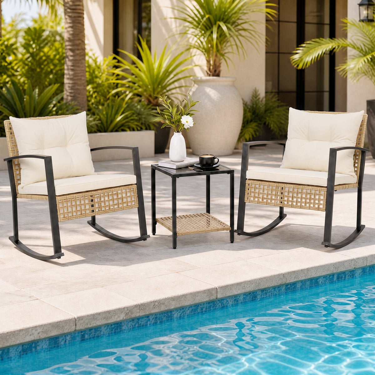 3-Piece Rattan Patio Conversation Set with Rocking Chairs & Table