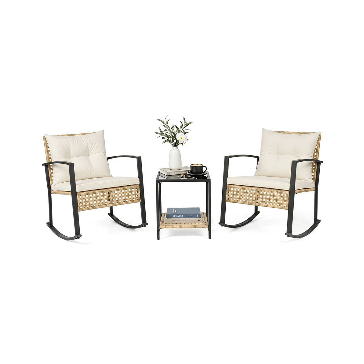 3-Piece Rattan Patio Conversation Set with Rocking Chairs & Table