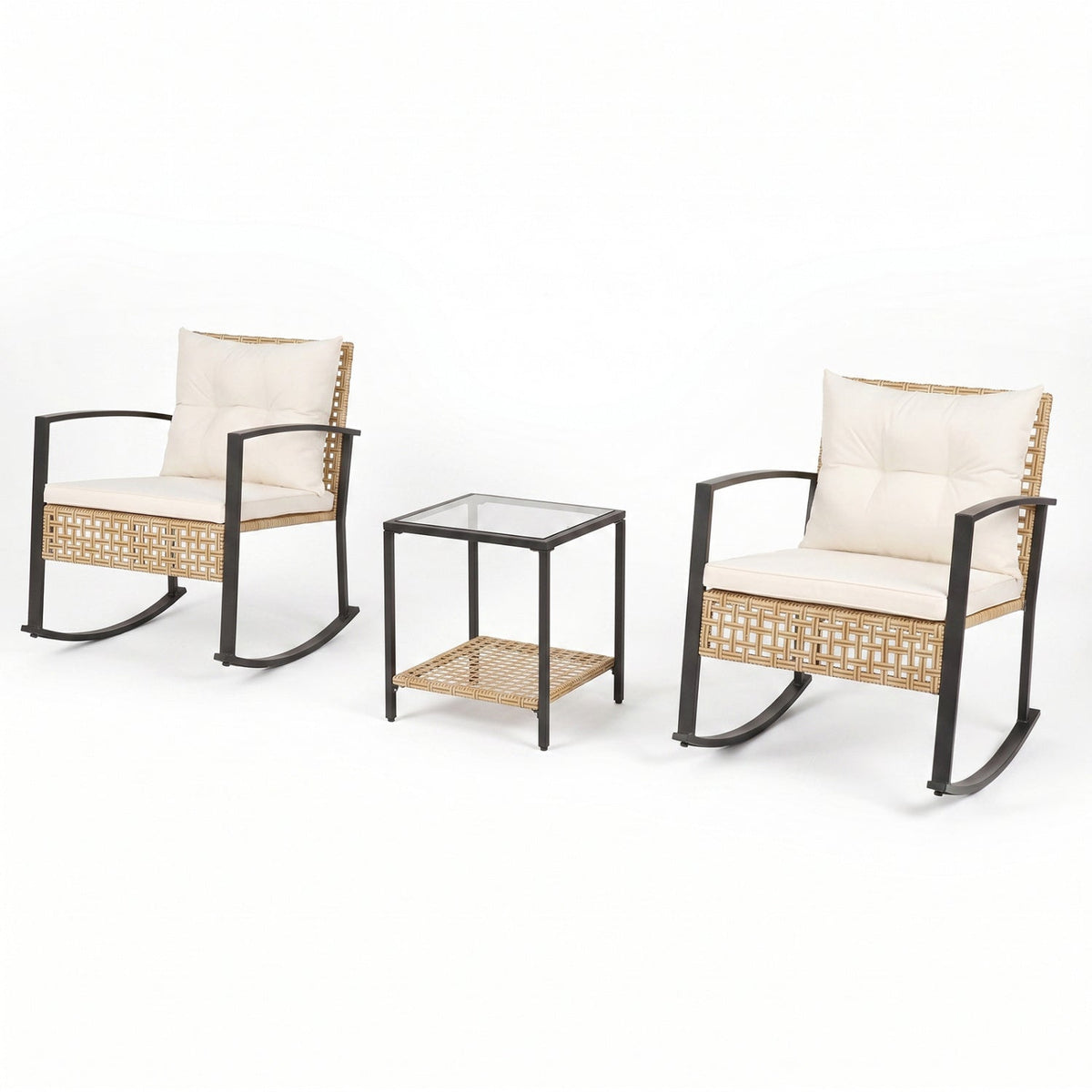 3-Piece Rattan Patio Conversation Set with Rocking Chairs & Table