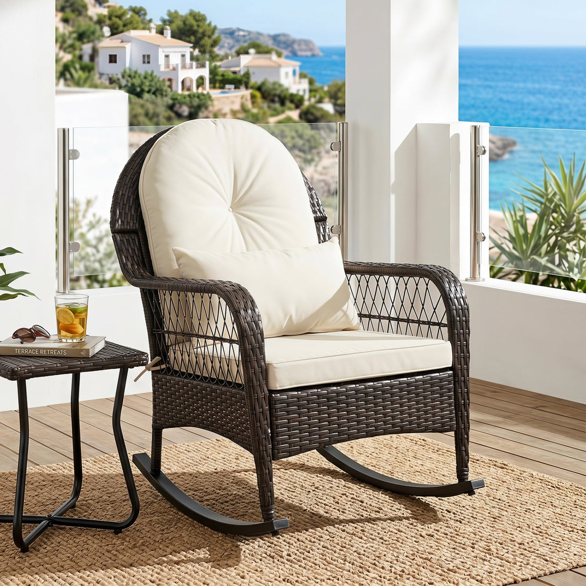 Outdoor Wicker Rocking Chair with Cushions – 400 lb Weight Capacity