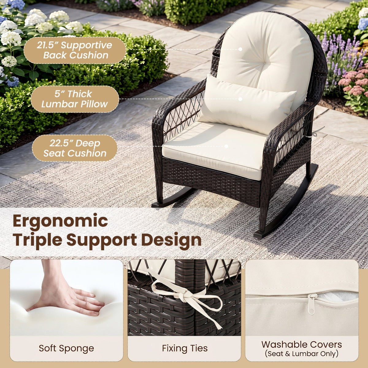 Outdoor Wicker Rocking Chair with Cushions – 400 lb Weight Capacity