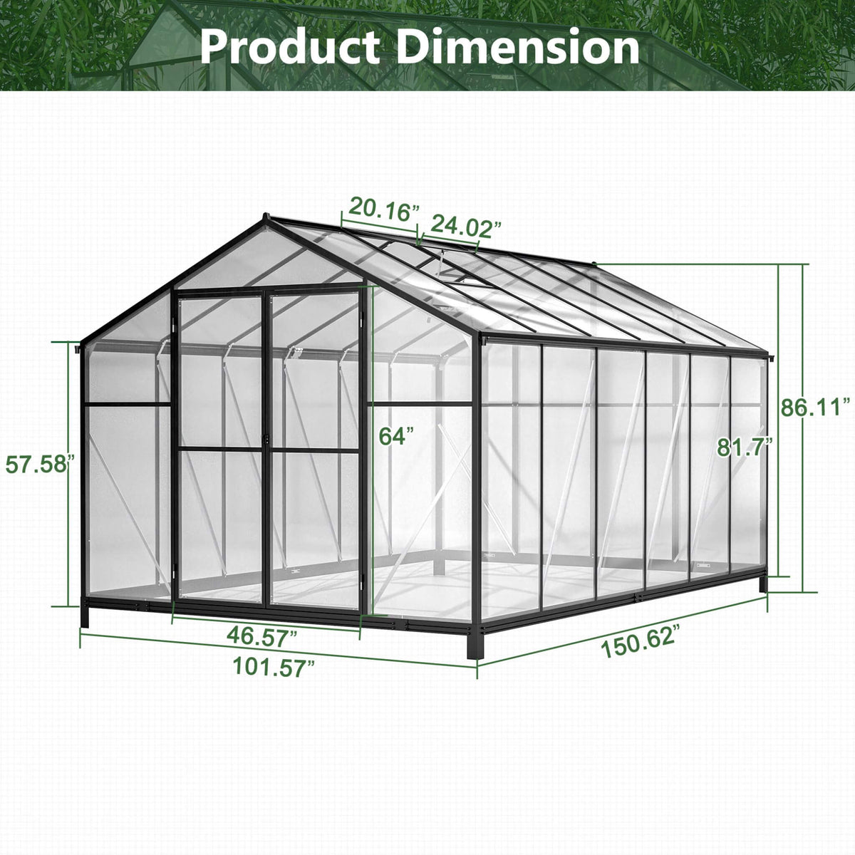8x12FT Heavy-Duty Polycarbonate Walk-In Greenhouse with Double Swing Doors and Ventilation Windows