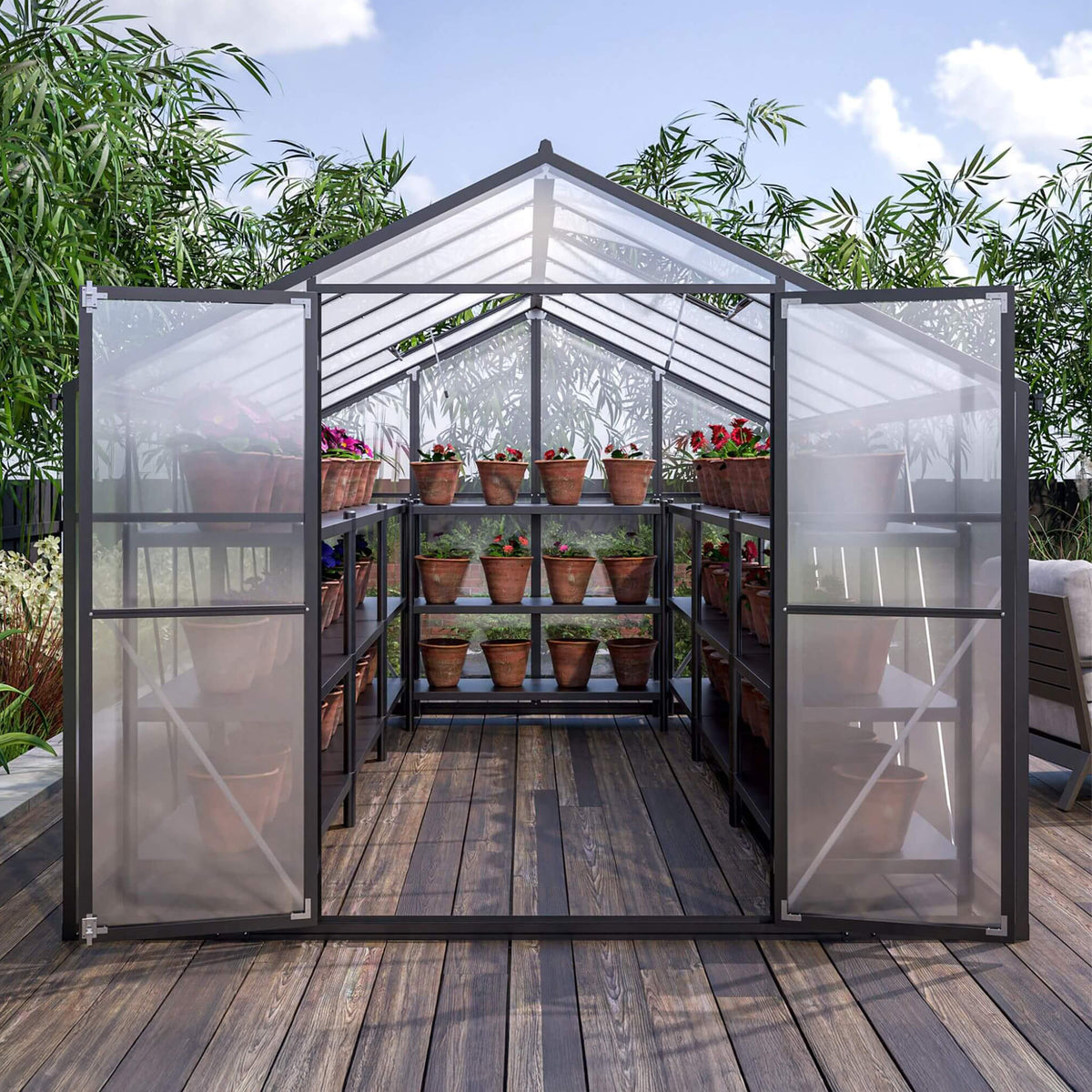 8x12FT Heavy-Duty Polycarbonate Walk-In Greenhouse with Double Swing Doors and Ventilation Windows