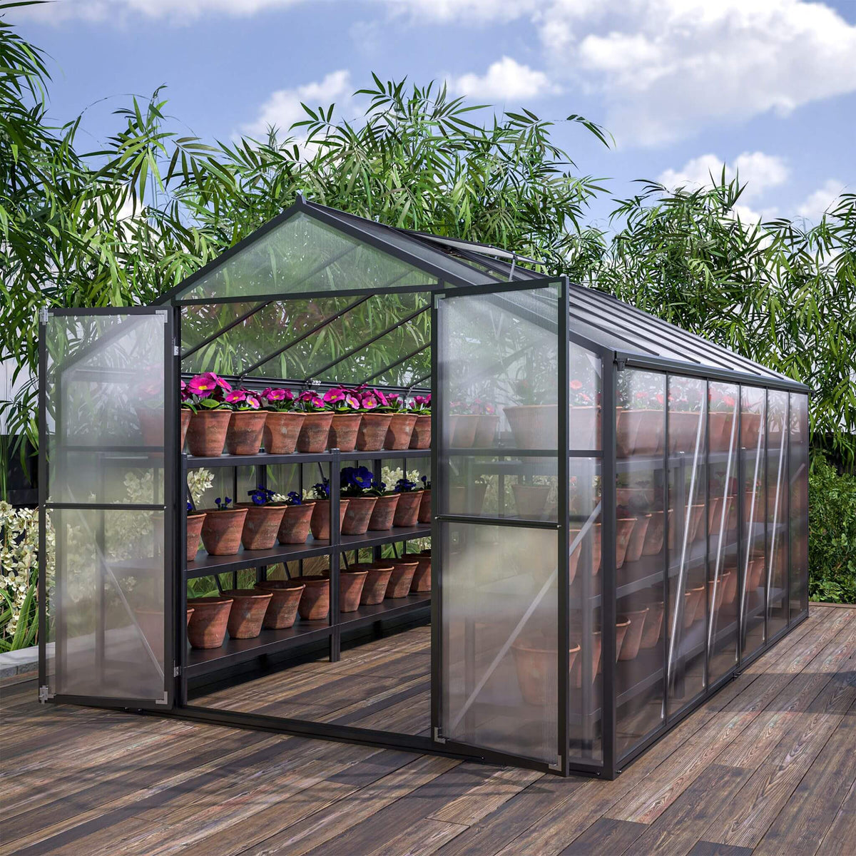 8x12FT Heavy-Duty Polycarbonate Walk-In Greenhouse with Double Swing Doors and Ventilation Windows