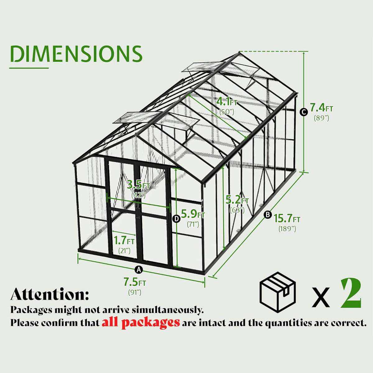 8x16FT Premium Polycarbonate Walk-In Greenhouse with Double Swing Doors