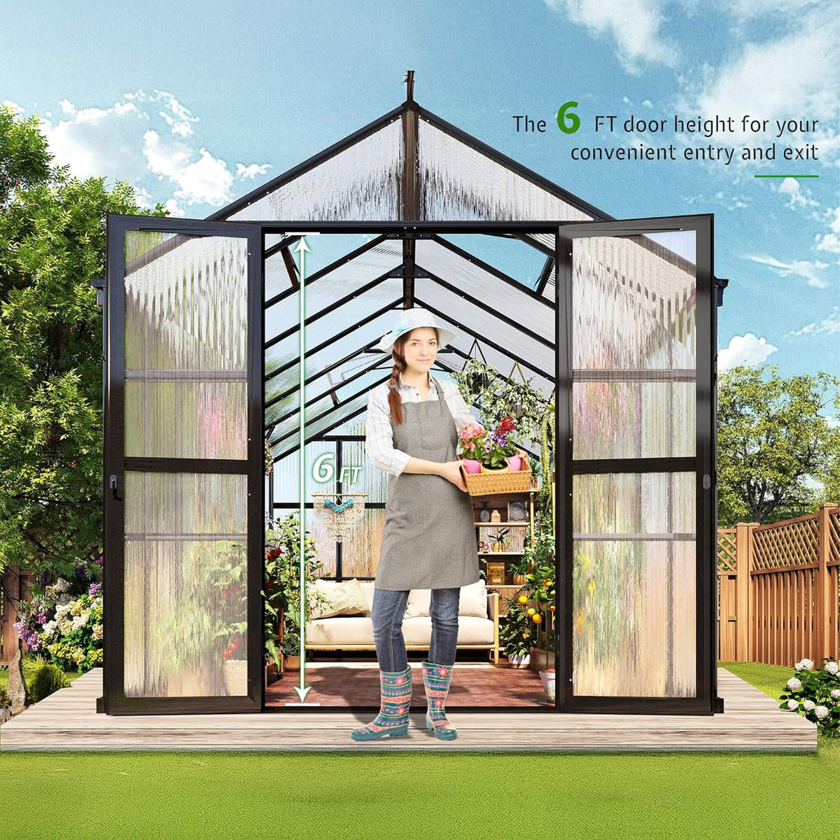 8x16FT Premium Polycarbonate Walk-In Greenhouse with Double Swing Doors