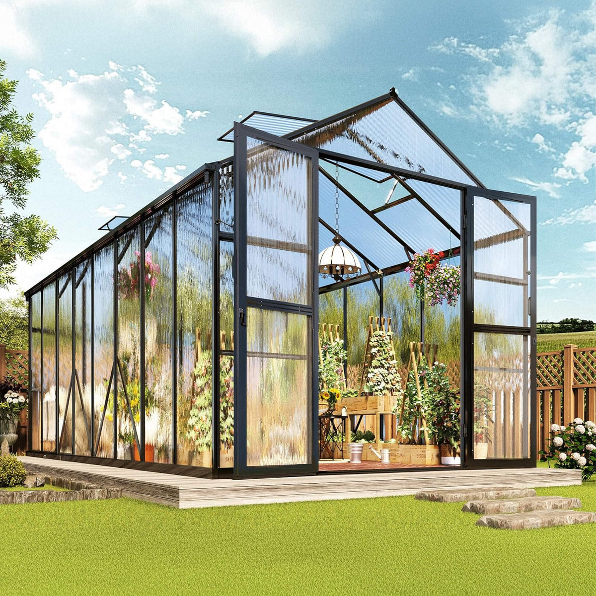 8x16FT Premium Polycarbonate Walk-In Greenhouse with Double Swing Doors