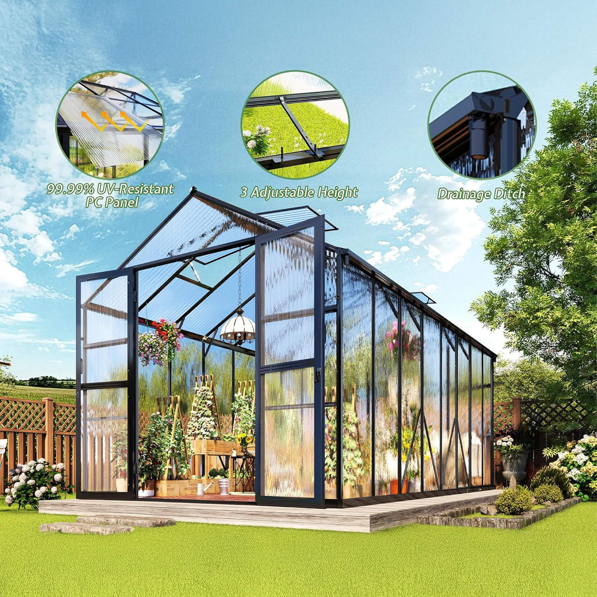 8x16FT Premium Polycarbonate Walk-In Greenhouse with Double Swing Doors