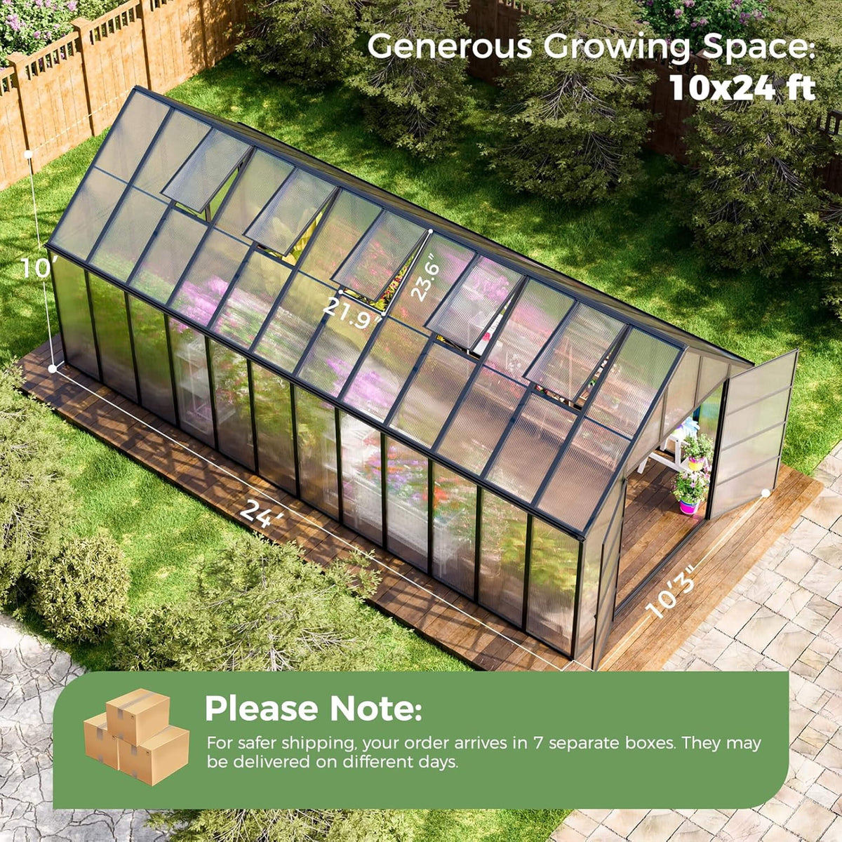 10x24FT Heavy-Duty Aluminum Polycarbonate Greenhouse with Roof Vents and Swing Doors
