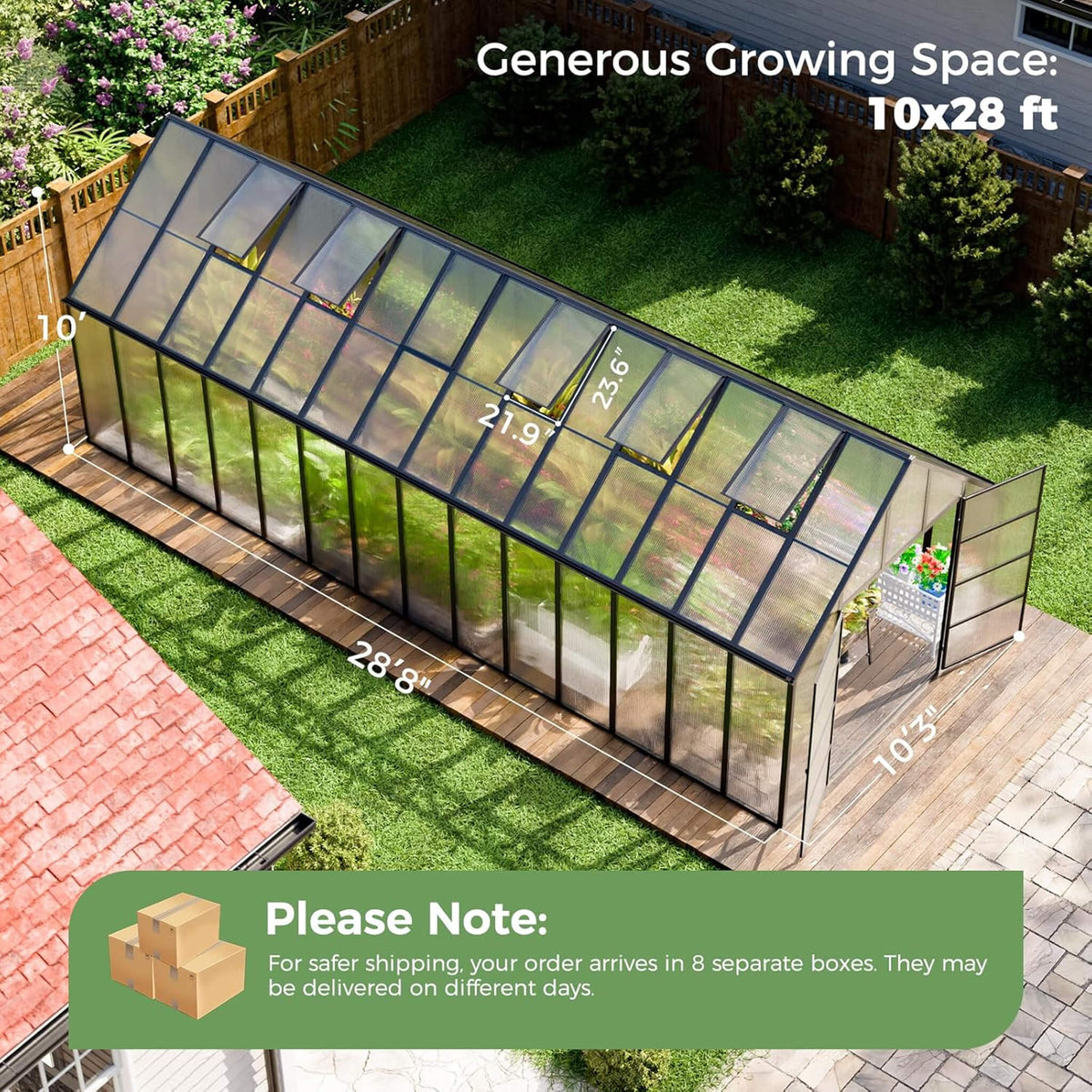 10x28FT Heavy-Duty Aluminum Polycarbonate Greenhouse with Roof Vents and Swing Doors